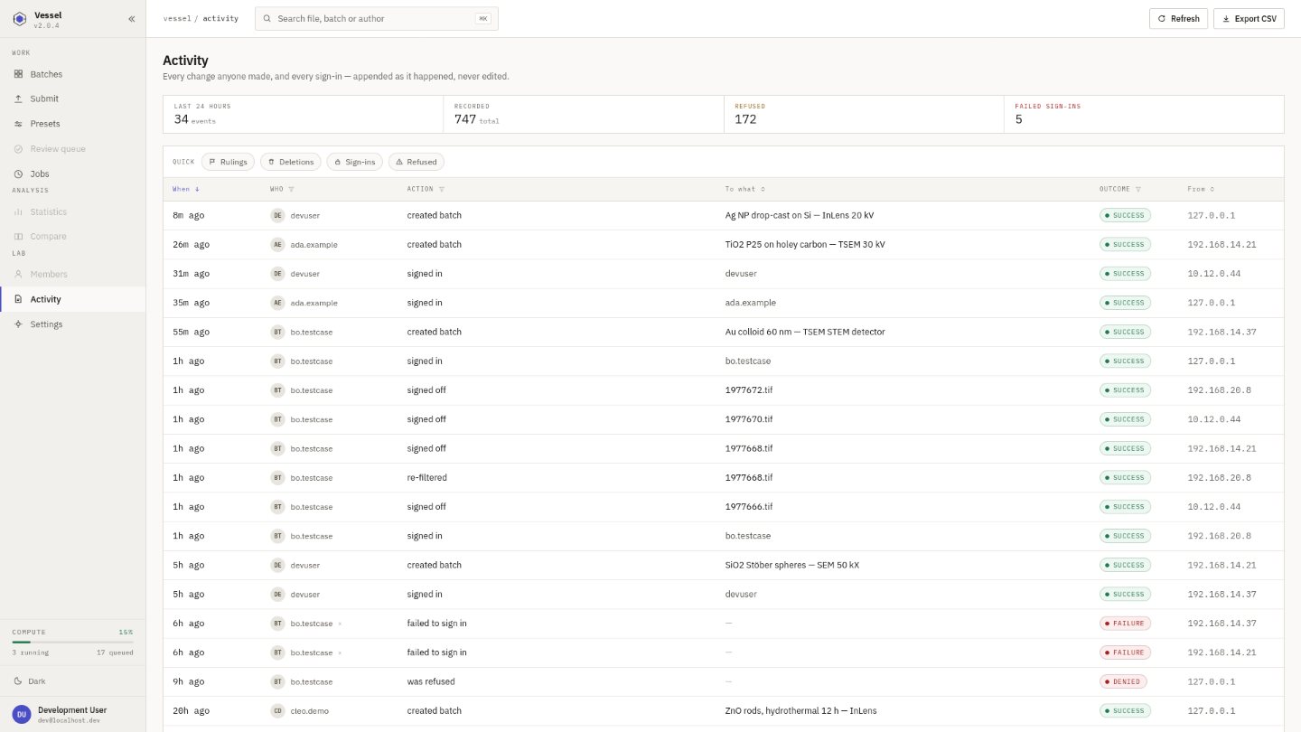 Vessel: the append-only activity log of changes and sign-ins, each with its outcome.
