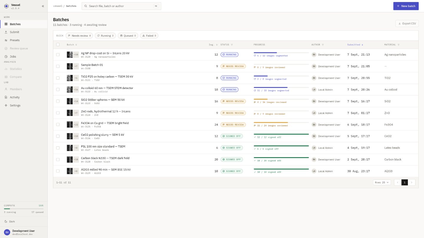 Vessel: the batch list with status, progress, author and material for each run.